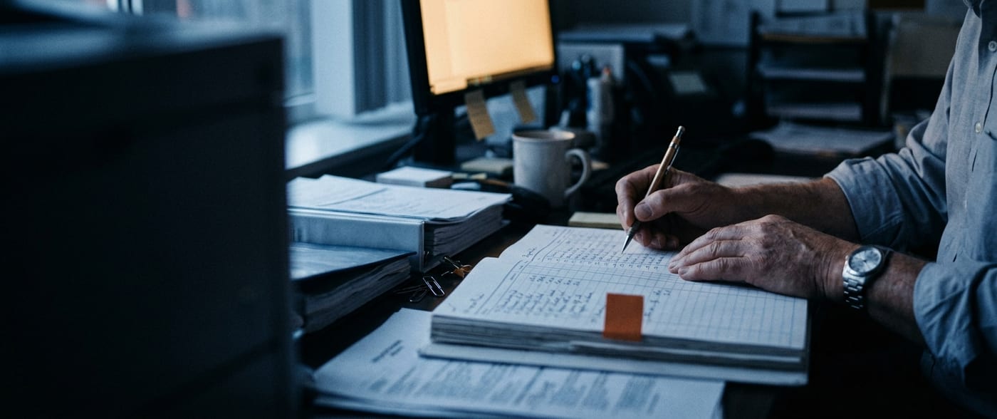 A finance director's hands working through payroll ledgers at a desk at dusk