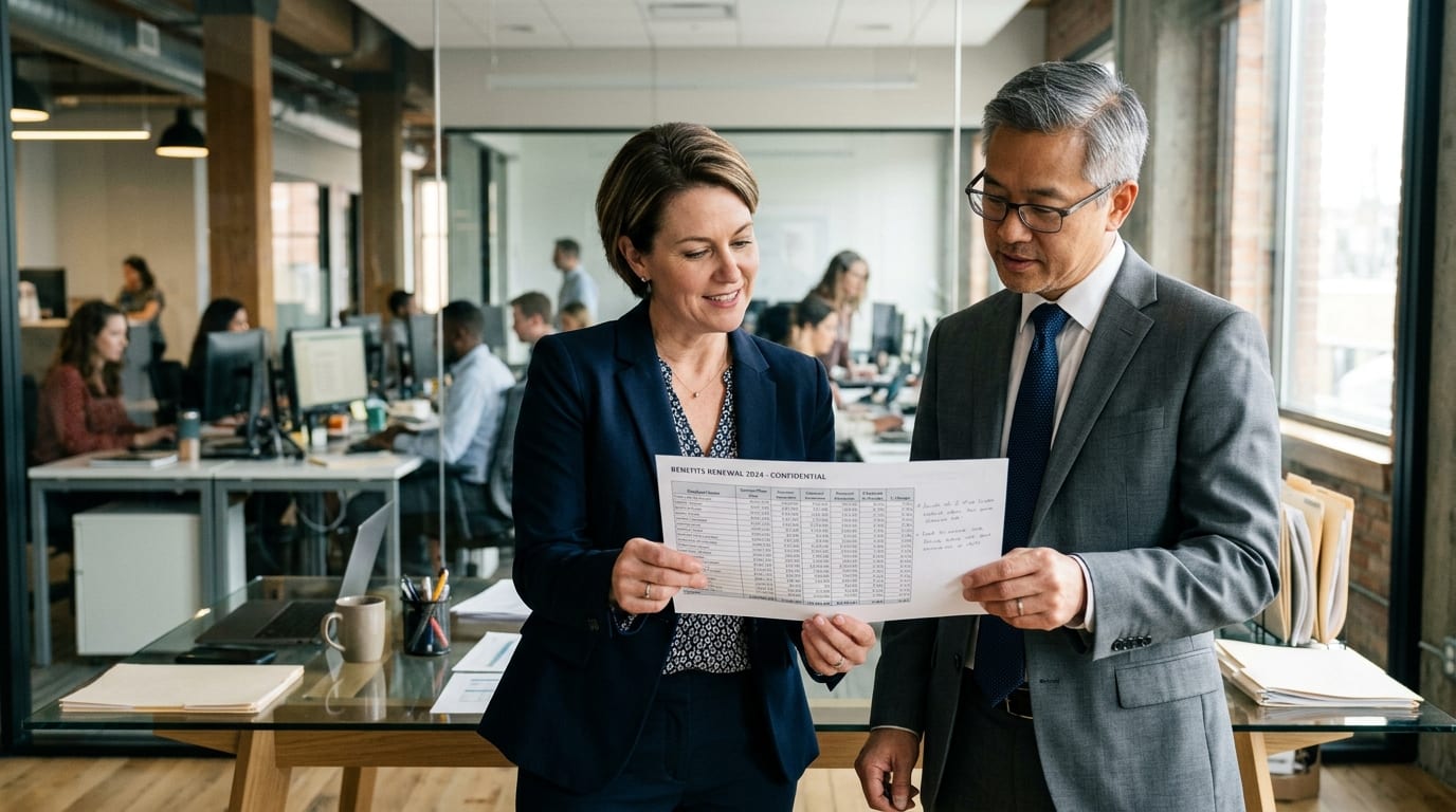 An HR director and CFO reviewing a renewal spreadsheet in a glass-walled office