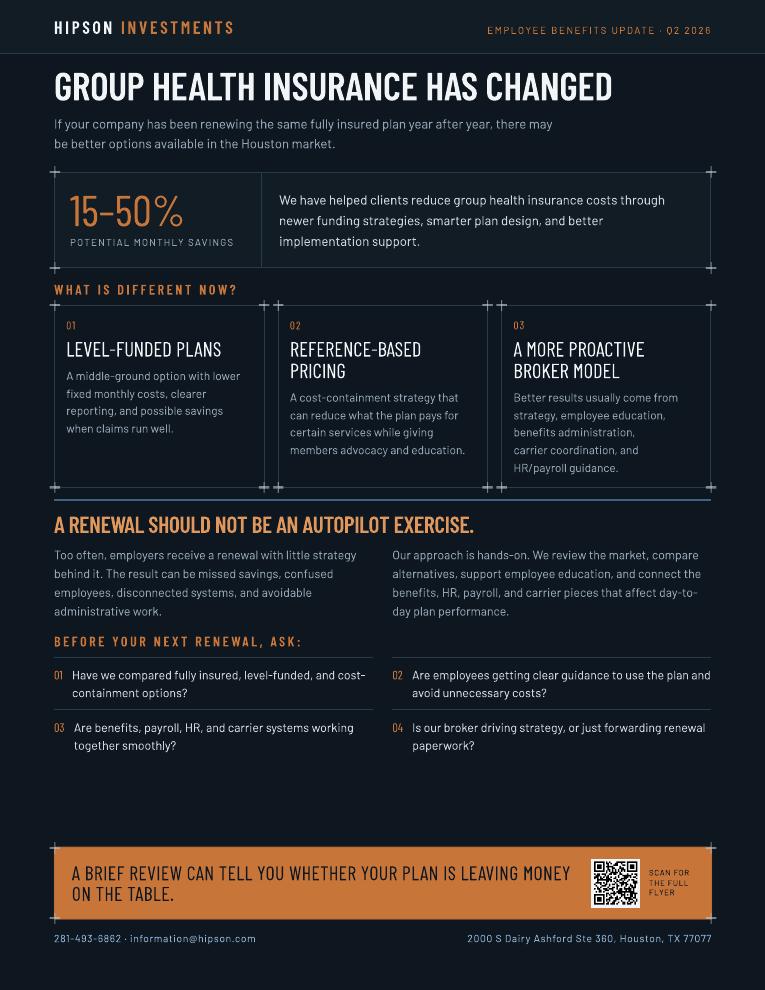 Flyer page 1 — Group health insurance has changed: 15–50% potential monthly savings, level-funded plans, reference-based pricing, a more proactive broker model