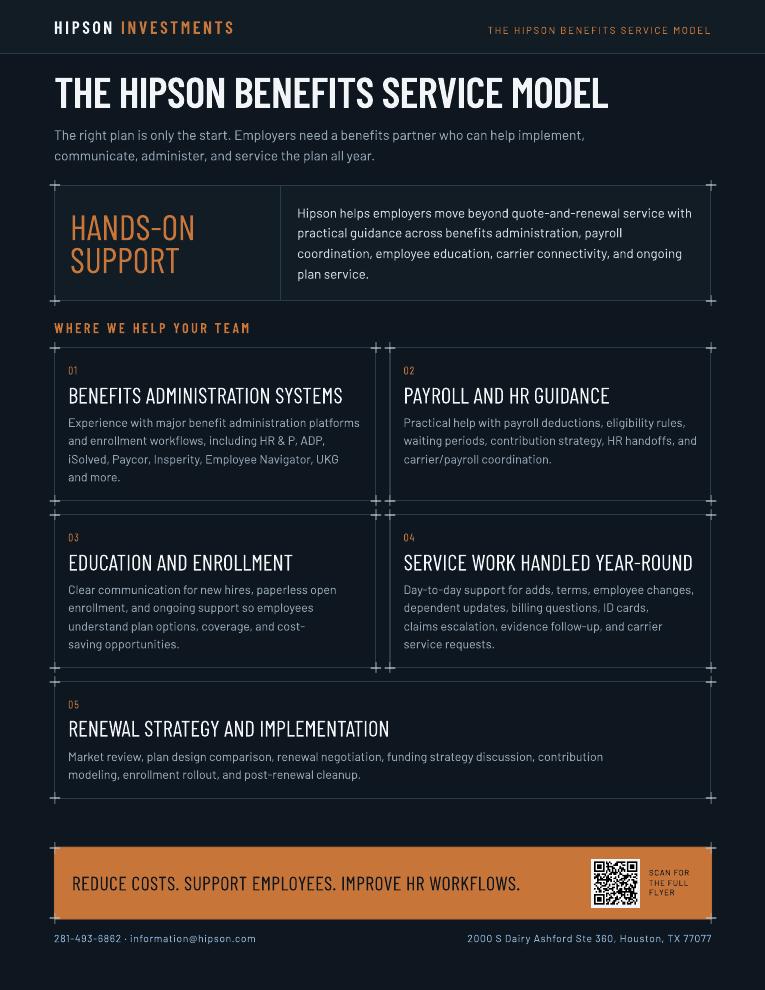 Flyer page 2 — The Hipson benefits service model: benefits administration systems, payroll and HR guidance, education and enrollment, year-round service work, renewal strategy
